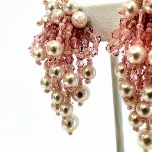 Vintage Handbeaded Pink Pearl & Pink Austrian Crystal Waterfall Earrings